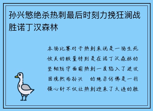 孙兴慜绝杀热刺最后时刻力挽狂澜战胜诺丁汉森林